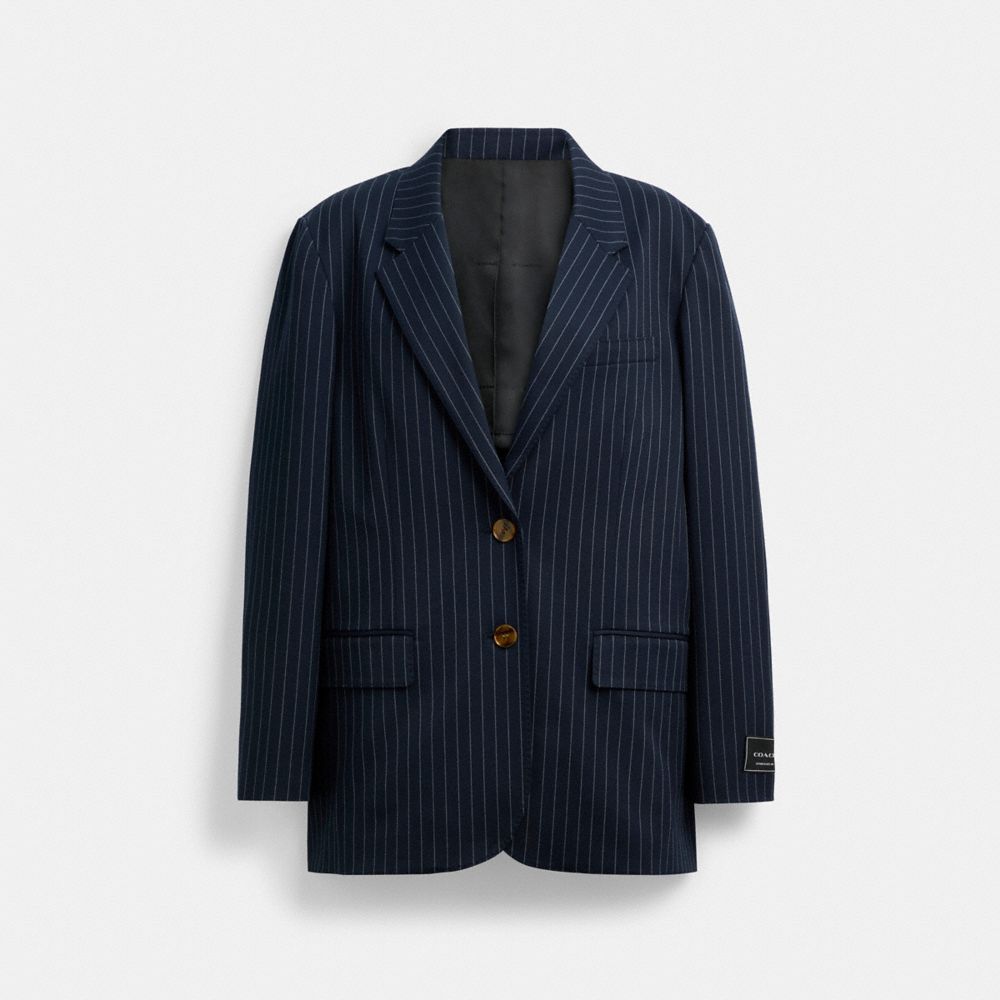 COACH®,Single Breasted Pinstripe Blazer,Navy,Front View