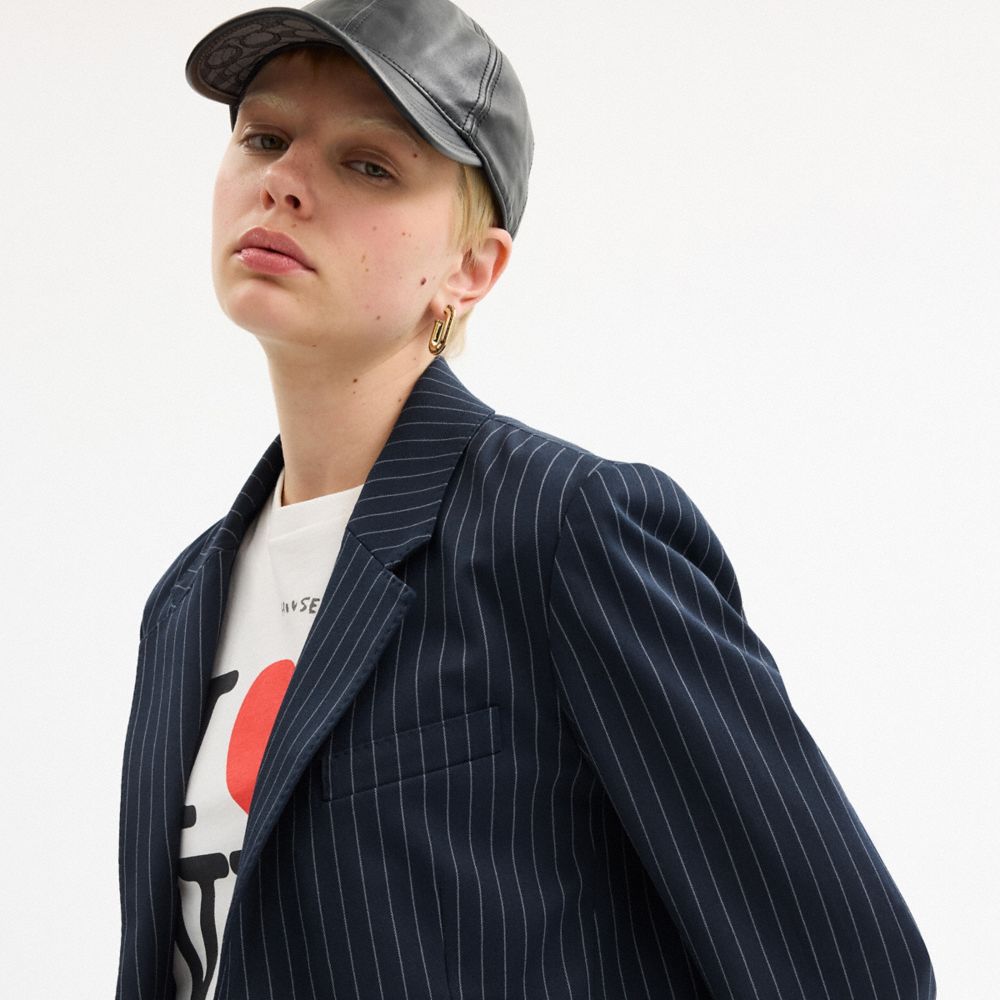 COACH®,Single Breasted Pinstripe Blazer,Viscose,Recycled Polyester,Cotton,Blazer,Logo,Tag Embellishment,Work,Navy,Detail View