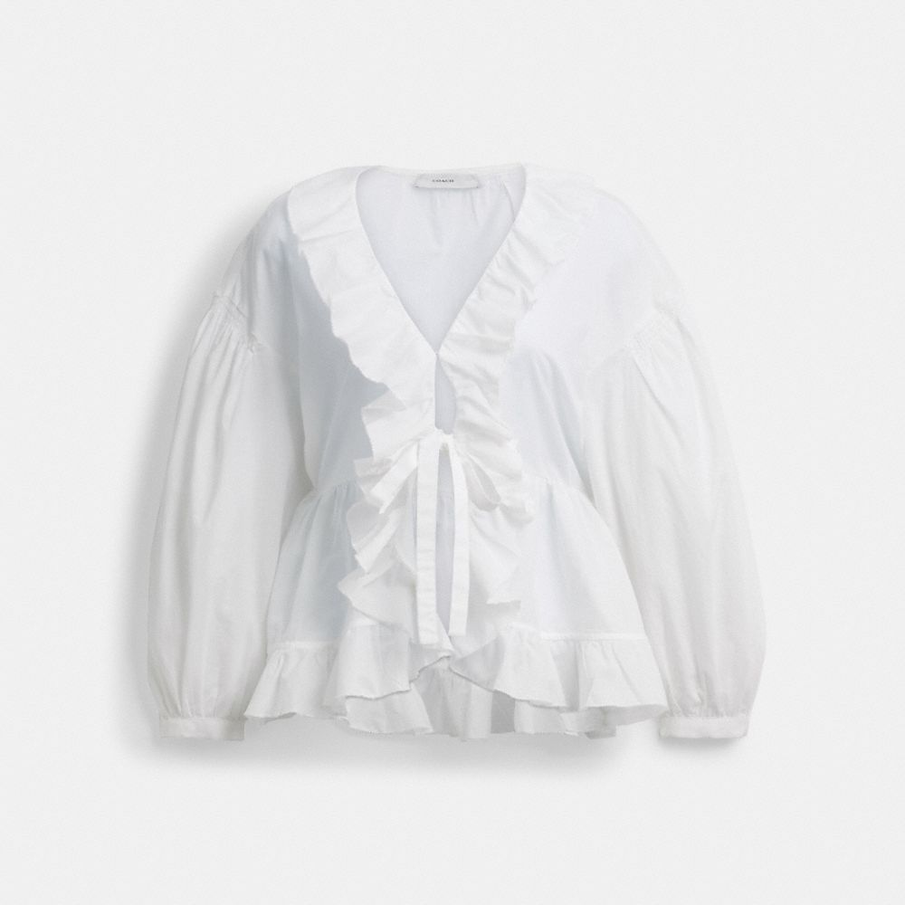 COACH®,Ruffle Blouse,White,Front View image number 0