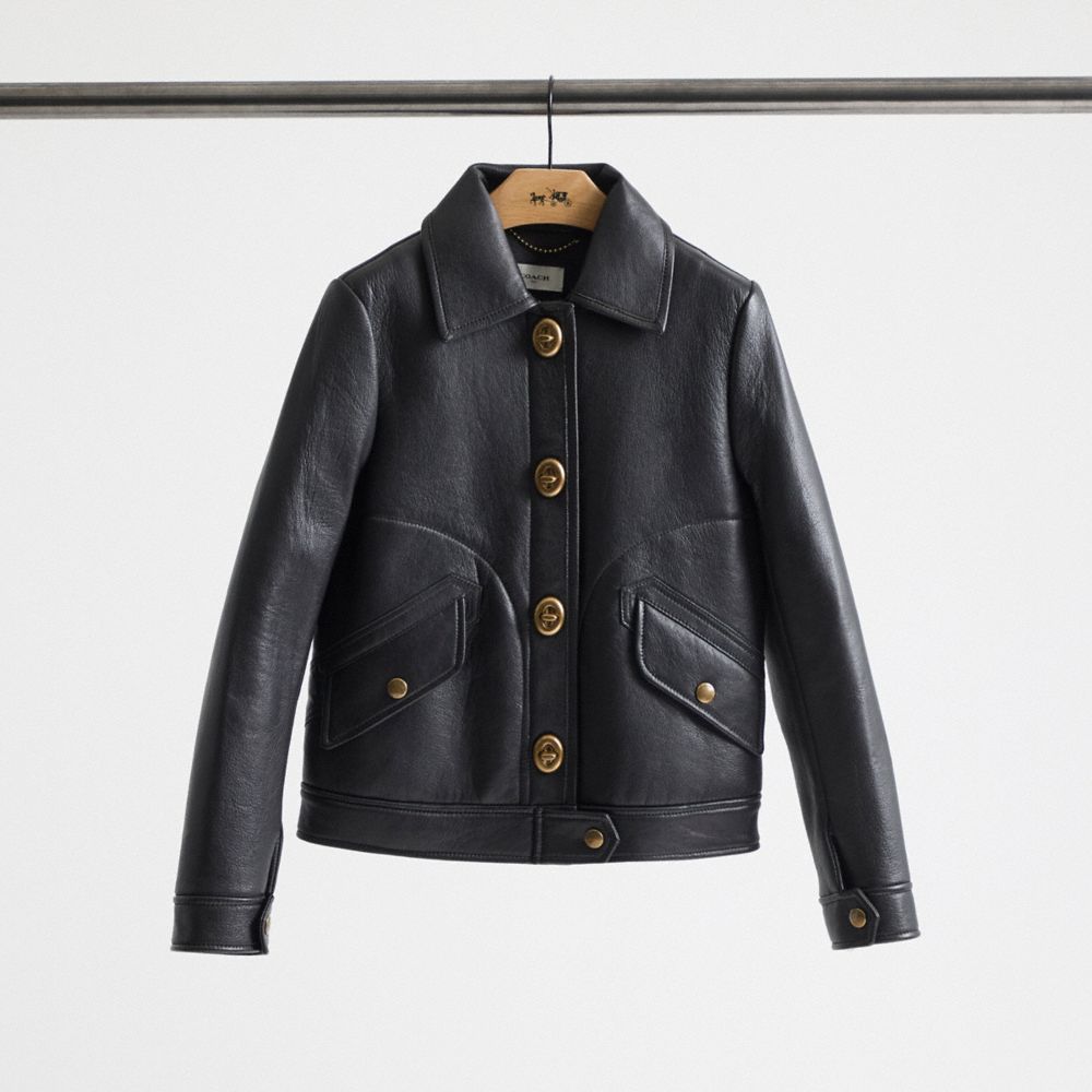 COACH®,Restored Bonded Leather Jacket,Leather,Moto,Leather,Eco-Friendly,Casual,Black,Front View