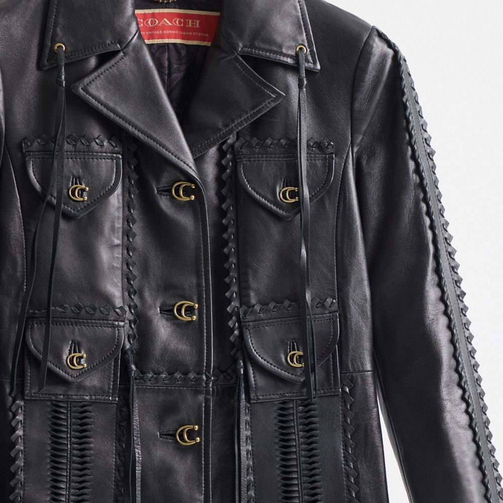 COACH®,Restored Embellished Leather Coat,Leather,Car Coat,Leather,Logo,Button,Eco-Friendly,Casual,Black,Scale View