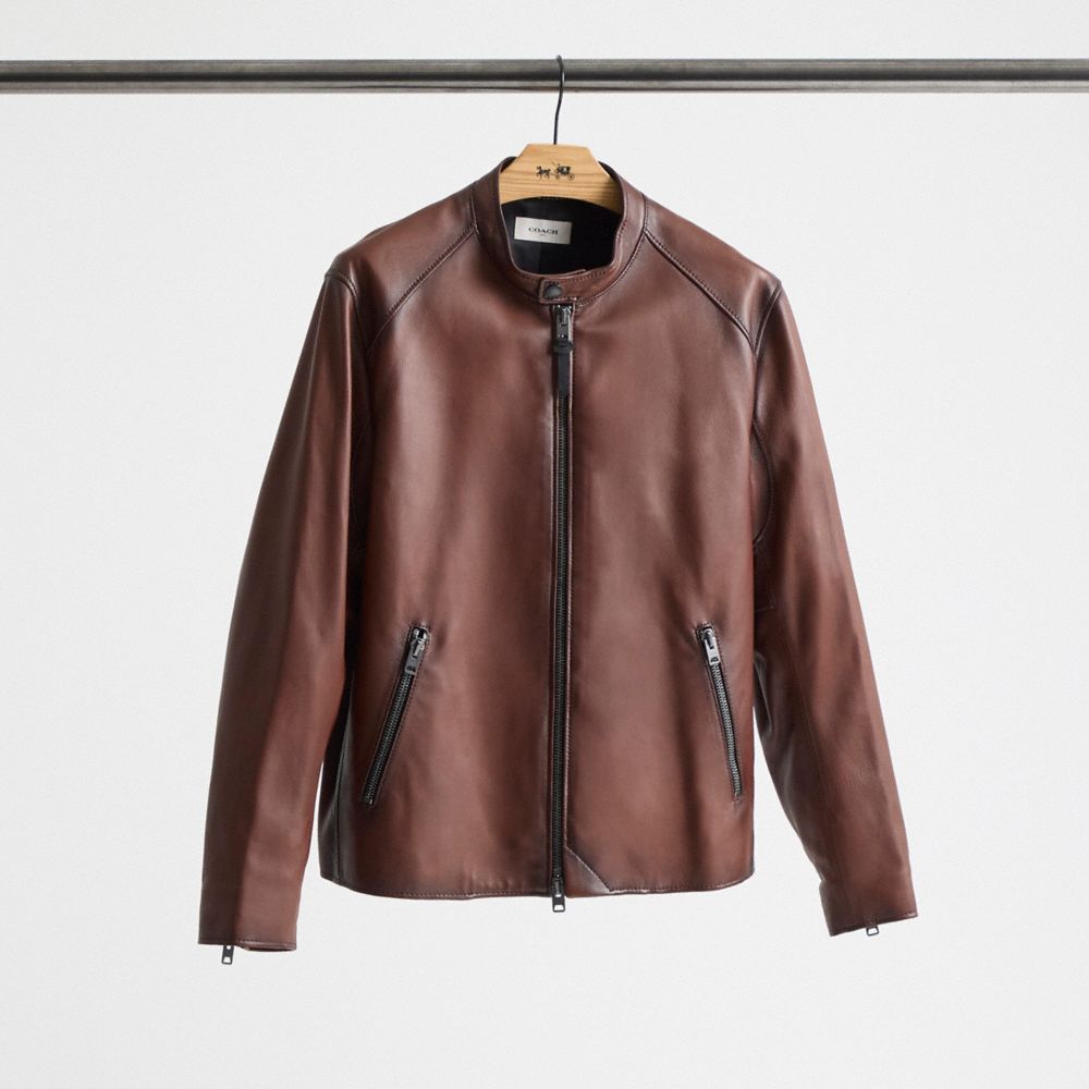 Leather racer jacket coach hotsell