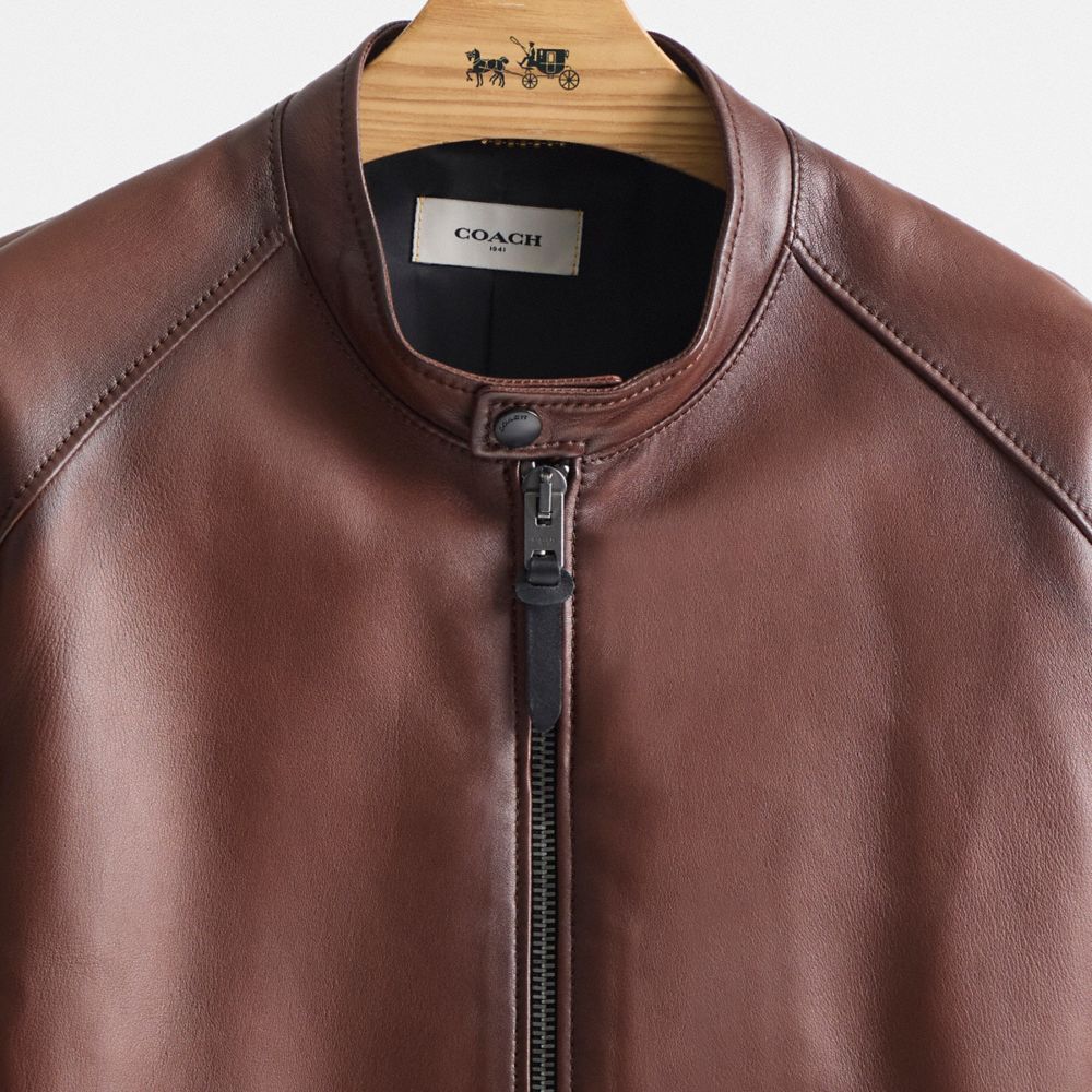 COACH®,Restored Leather Racer Jacket,Leather,Leather,Zipper,Sustainable,Casual,Brown,Scale View