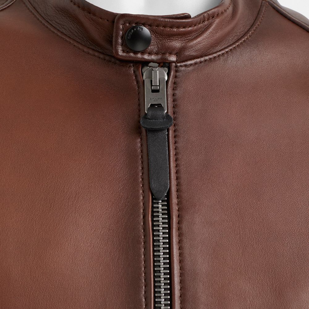 Coach Restored Leather Racer Jacket In Dark Saddle