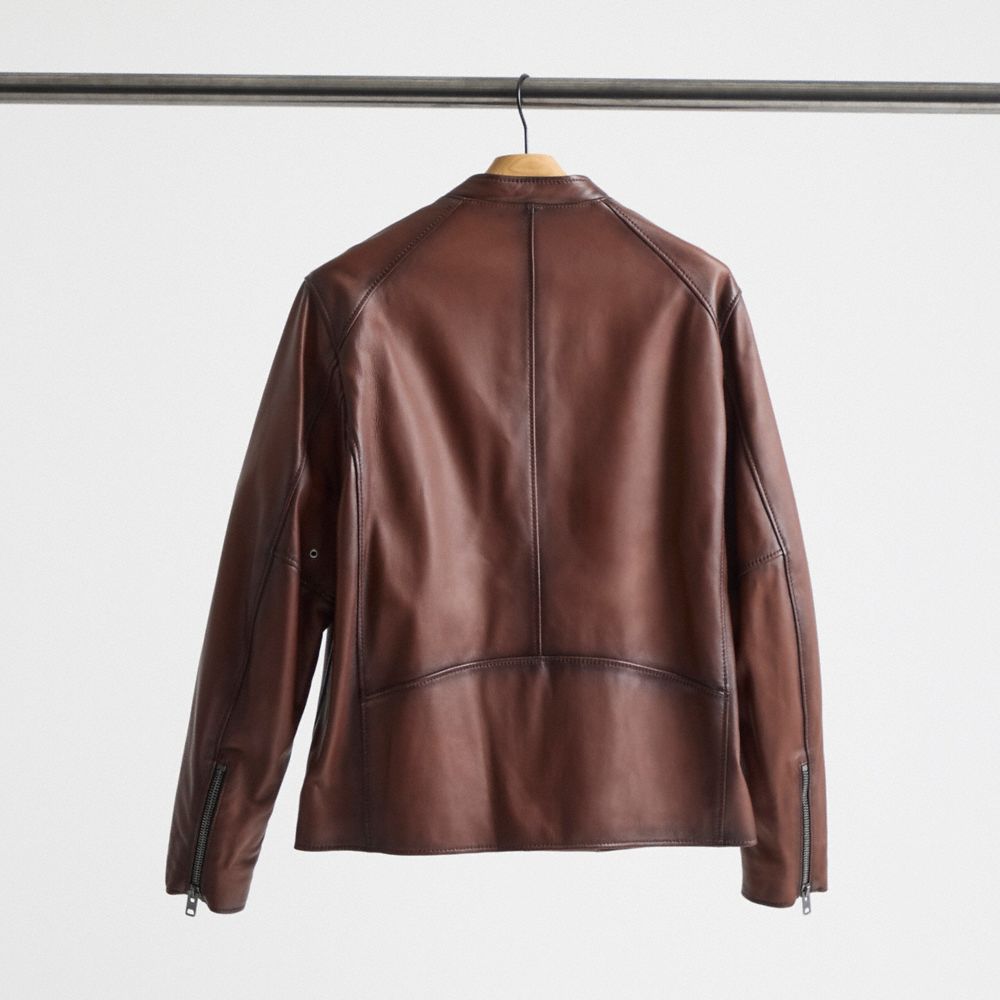 COACH®,Restored Leather Racer Jacket,Leather,Leather,Zipper,Sustainable,Casual,Brown,Back View