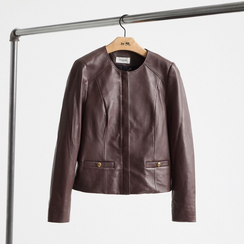 COACH®,Restored Tailored Leather Jacket,Lambskin,Leather,Eco-Friendly,Casual,Brown,Front View