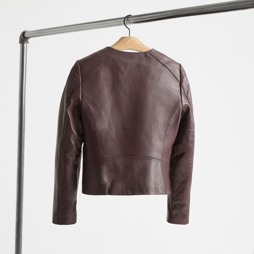 COACH®,Restored Tailored Leather Jacket,Lambskin,Leather,Eco-Friendly,Casual,Brown,Back View