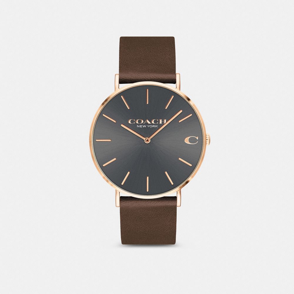 COACH®,CHARLES WATCH, 36MM,Black Rose Gold,Front View