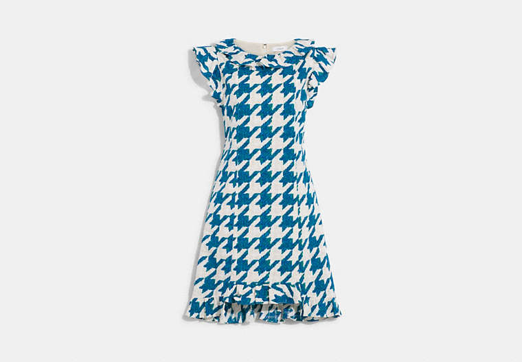 COACH®,RUFFLE DRESS IN TEXTURED PLAID,cotton,Teal/Cream,Front View