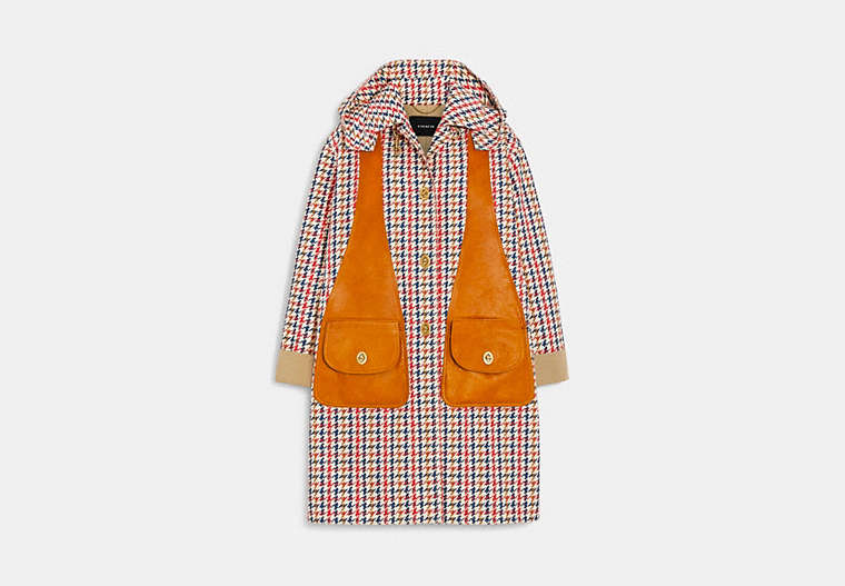 COACH®,BONNIE CASHIN PLAID COATED CANVAS COAT IN ORGANIC COTTON,Red/Blue,Front View