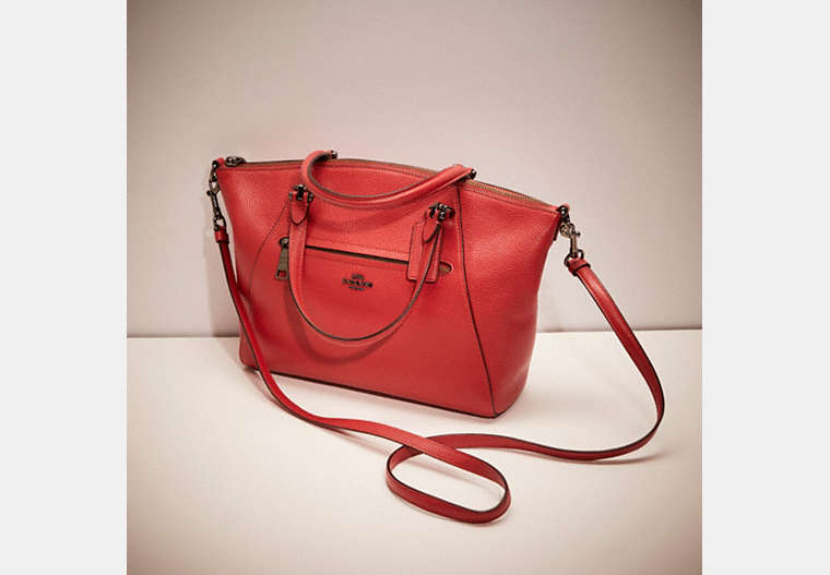 COACH®,RESTORED PRAIRIE SATCHEL,Polished Pebble Leather,Medium,Gunmetal/Red Apple,Front View
