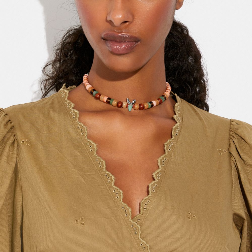 COACH®,SHARK TOOTH BEADED CHOKER NECKLACE,Plated Brass,Brown/Multi,Detail View