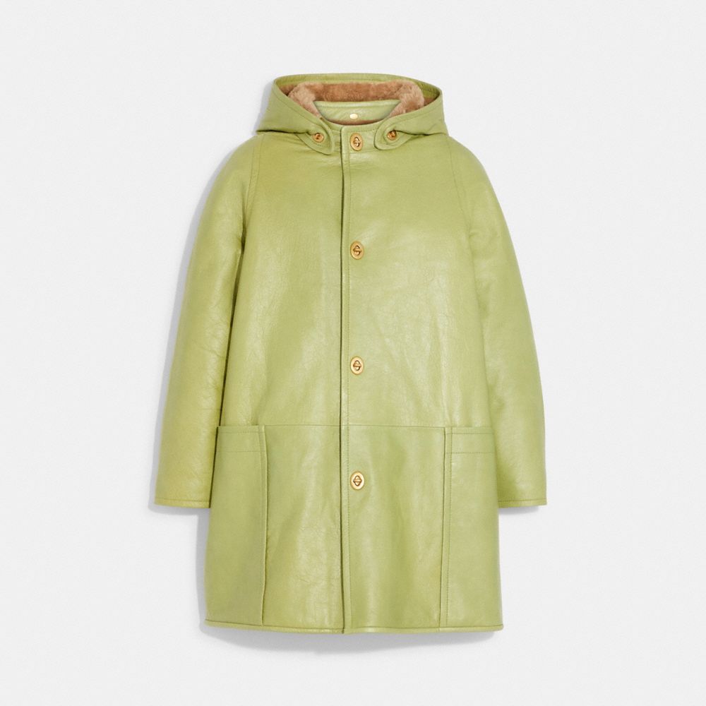 COACH®,BONNIE CASHIN LEATHER SLICKER COAT,Green,Front View