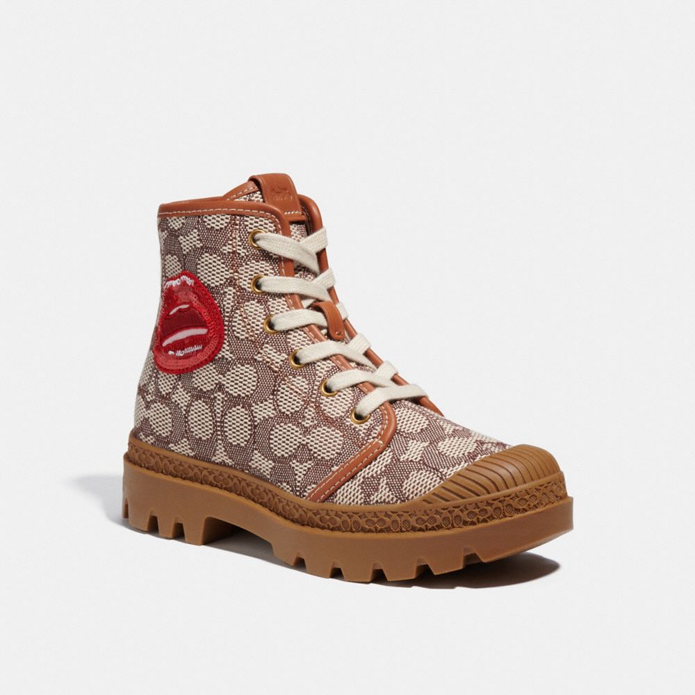 COACH®,COACH X TOM WESSELMANN TROOPER MID TOP BOOT IN SIGNATURE JACQUARD,Burnished Amber/Coca,Front View