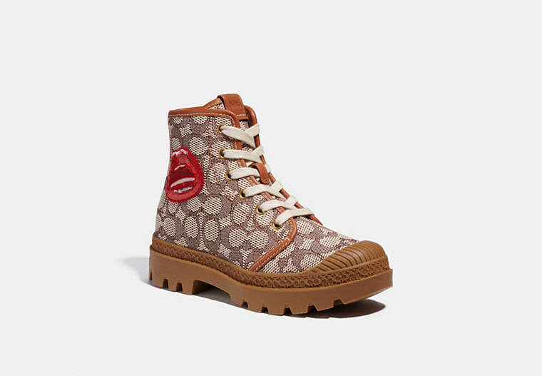 COACH®,COACH X TOM WESSELMANN TROOPER MID TOP BOOT IN SIGNATURE JACQUARD,Signature Jacquard,Burnished Amber/Coca,Front View
