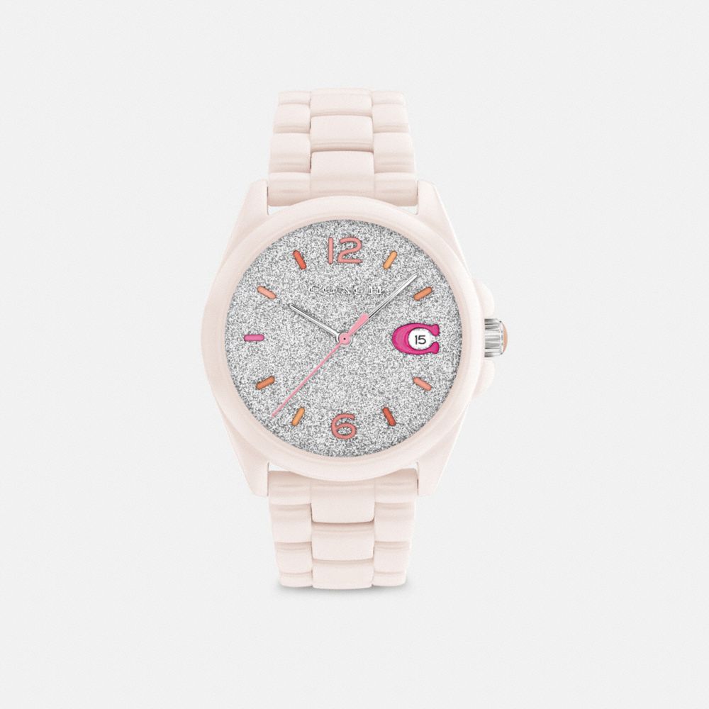COACH®,GREYSON WATCH, 36MM,Ceramic,Soft Pink,Front View image number 0