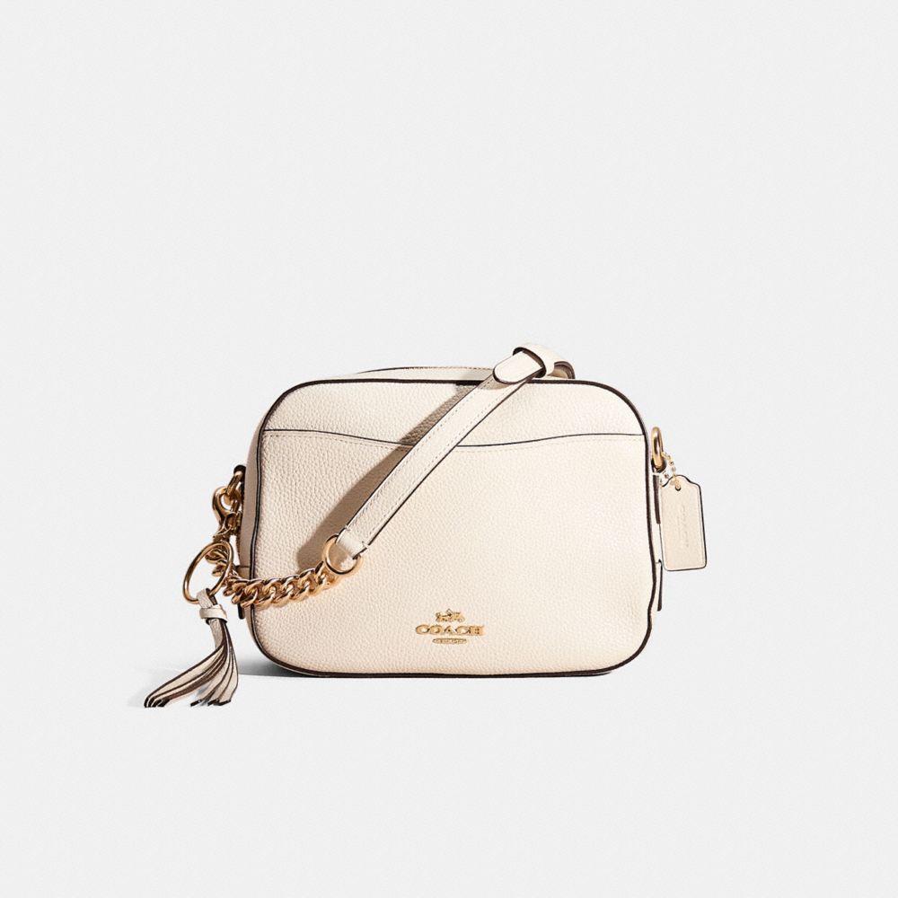 COACH®,Restored Camera Bag,Leather,Camera Bag,Logo,Metal,Tassel,Gold Metal,Casual,Cream,Front View