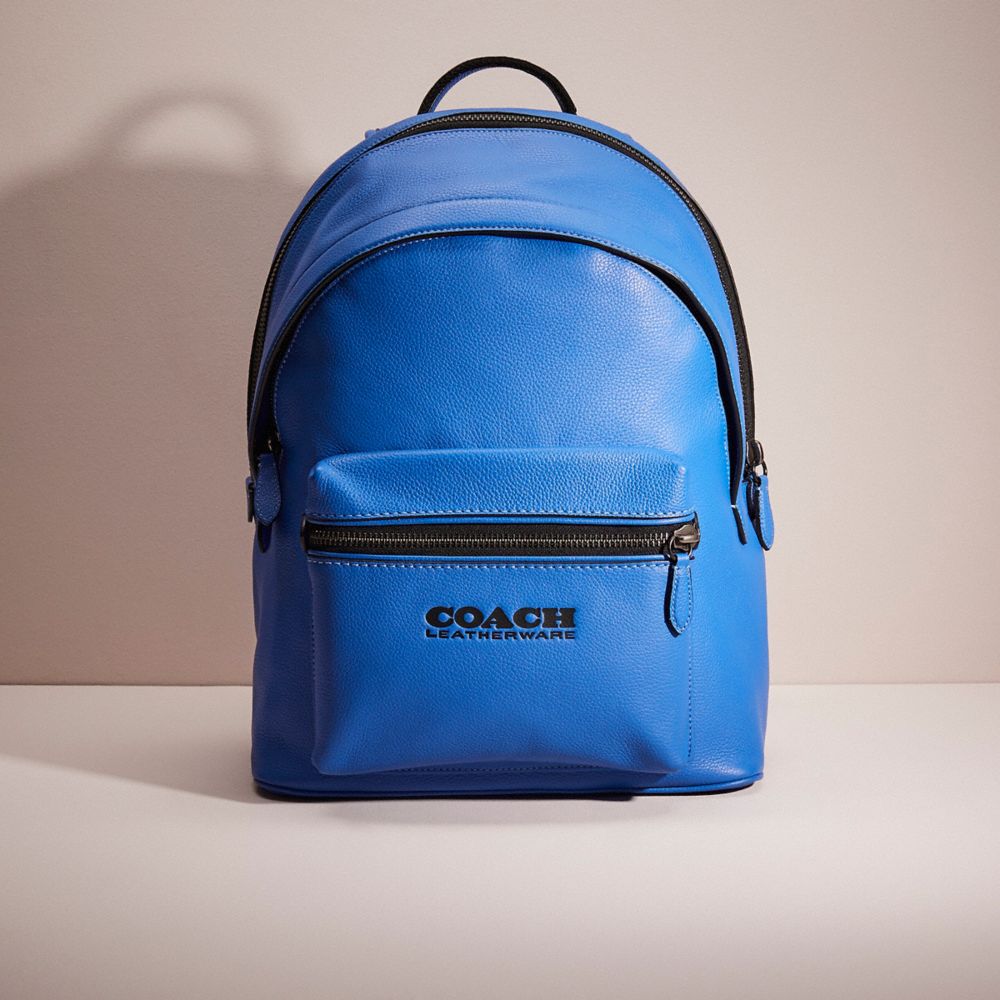 COACH®,RESTORED CHARTER BACKPACK,Refined Pebble Leather,Black Copper/Blue Fin,Front View