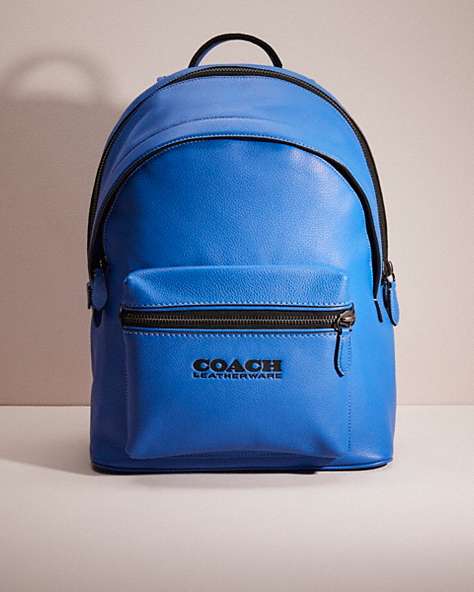 COACH®,RESTORED CHARTER BACKPACK,Polished Pebble Leather,Black Copper/Blue Fin,Front View