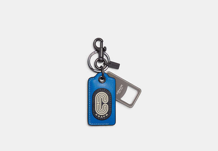 COACH®,BOTTLE OPENER KEY FOB WITH COACH PATCH,Mini,Gunmetal/Bright Blue,Front View