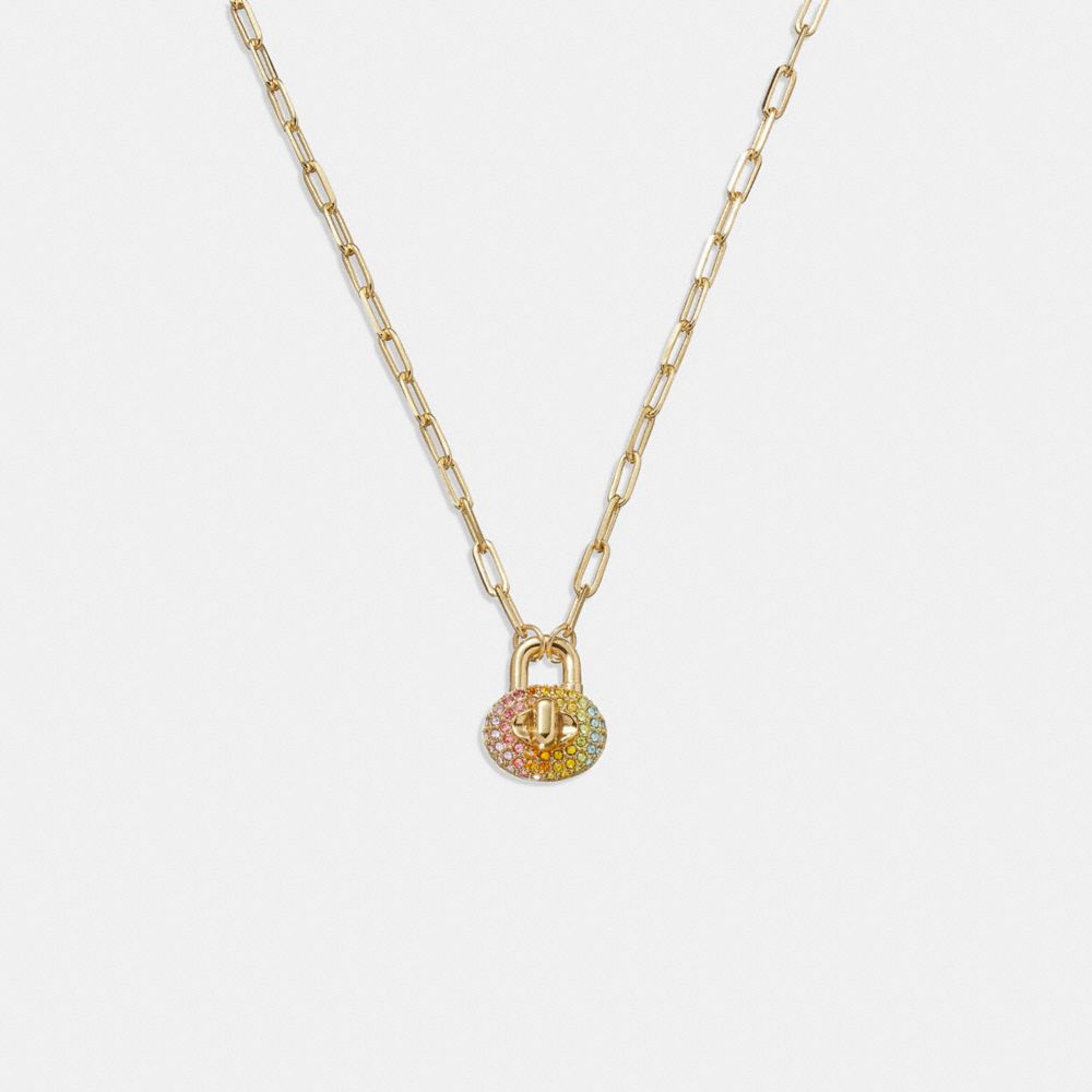 COACH®,PAVÉ TURNLOCK NECKLACE,Plated Brass,Gold/Multi,Front View