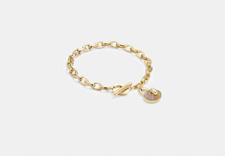 COACH®,PAVÉ TURNLOCK SIGNATURE CHAIN BRACELET,Plated Brass,Gold/Multi,Front View