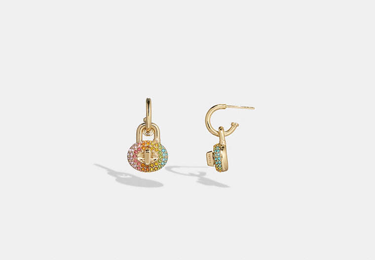 COACH®,PAVÉ TURNLOCK HUGGIE EARRINGS,Plated Brass,Gold/Multi,Front View