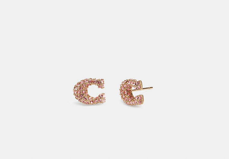 COACH®,PAVÉ SIGNATURE STUD EARRINGS,Brass,Gold/Pink Multi,Front View