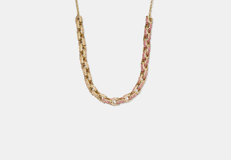 COACH®,PAVÉ SIGNATURE CHAIN NECKLACE,Brass,Gold/Pink Multi,Front View