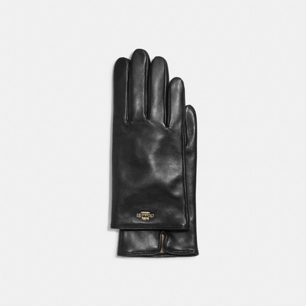 COACH®,COACH PLAQUE LEATHER TECH GLOVES,Black,Front View