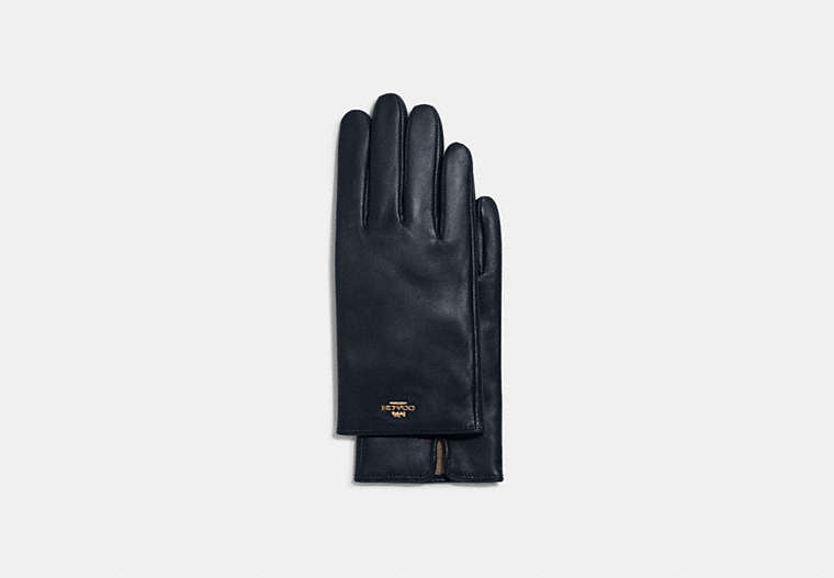 COACH®,COACH PLAQUE LEATHER TECH GLOVES,Midnight Navy,Front View
