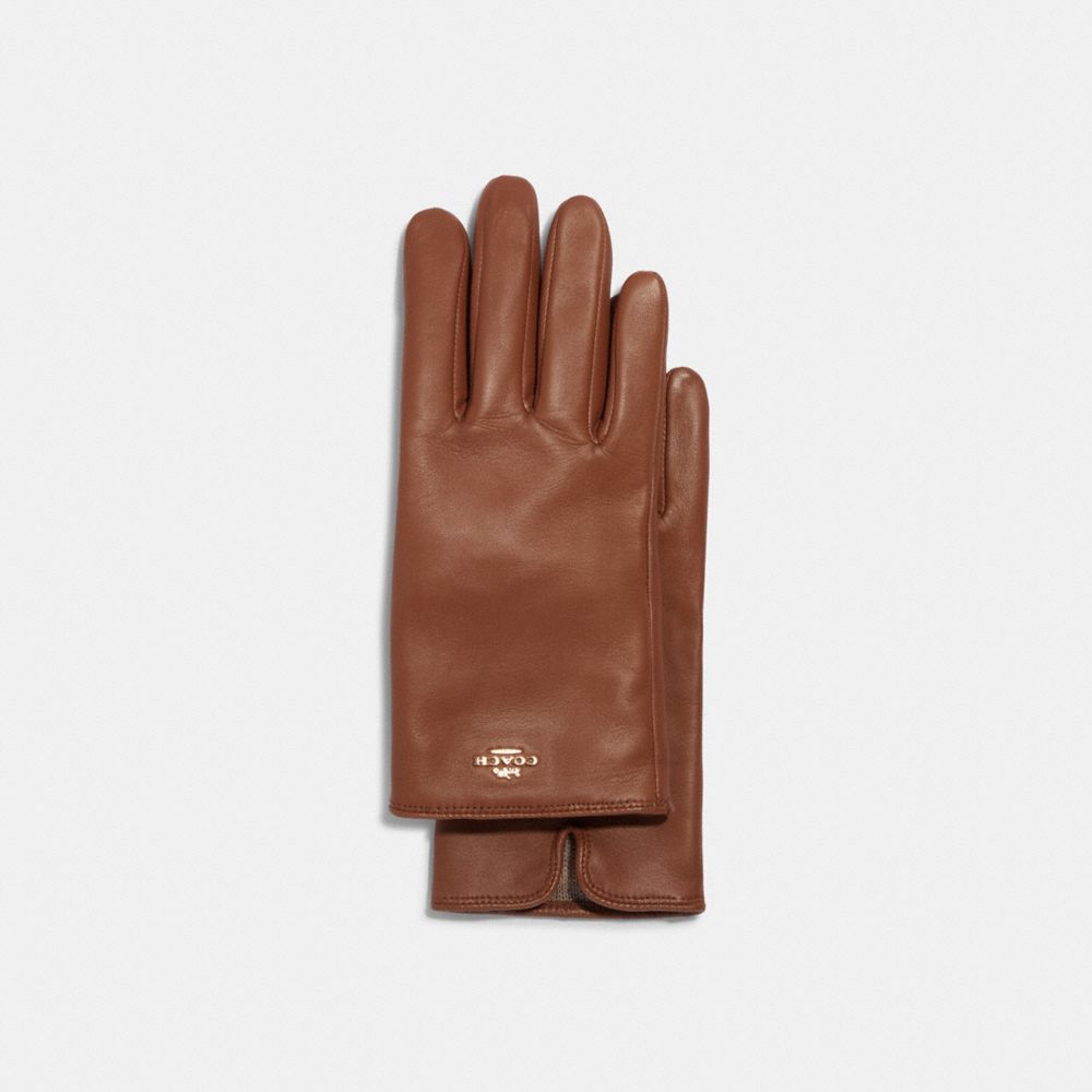 COACH®,GANTS TECHNIQUES COACH EN CUIR AVEC PLAQUE,Brun,Front View