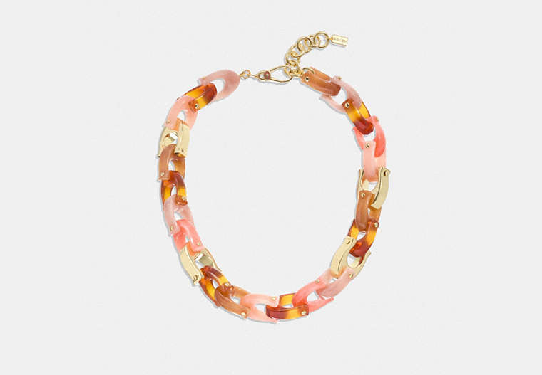 COACH®,CHUNKY SIGNATURE LINK NECKLACE,Brass,Gold/Coral Multi,Front View