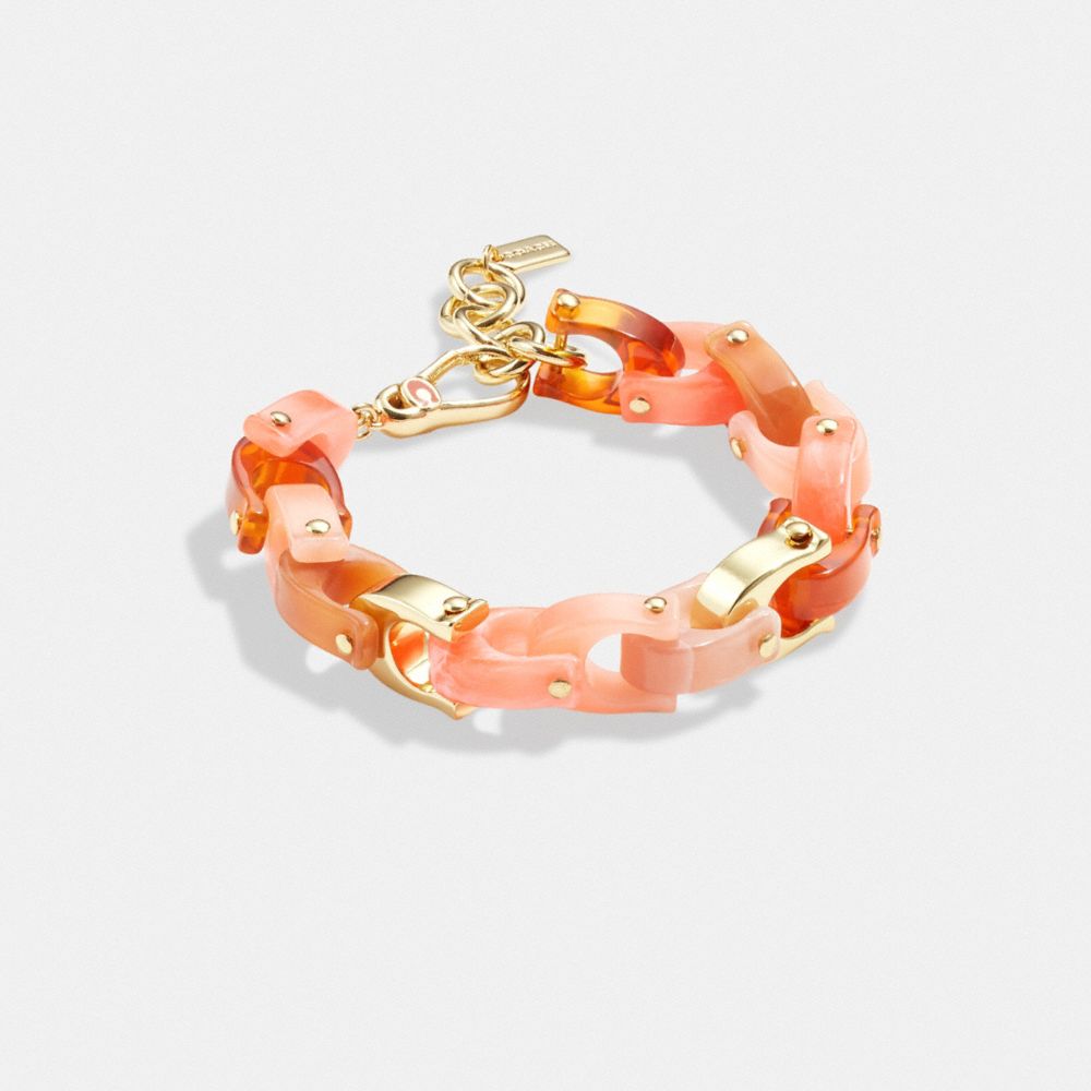 COACH®,CHUNKY SIGNATURE LINK BRACELET,Brass,Gold/Coral Multi,Front View