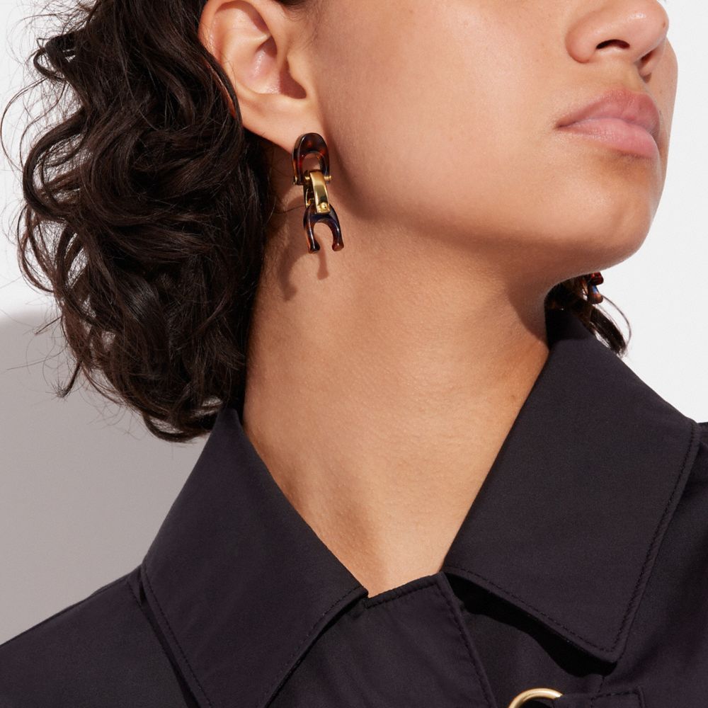 COACH®,Chunky Signature Link Drop Earrings,Dangle Earring,Resin,Logo,Brass,Titanium,,Detail View