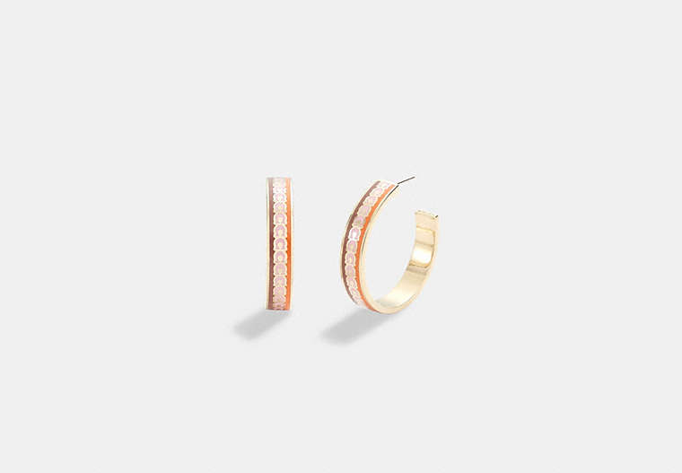 COACH®,LARGE SIGNATURE ENAMEL HOOP EARRINGS,Plated Brass,Gold/Orange Multi,Front View