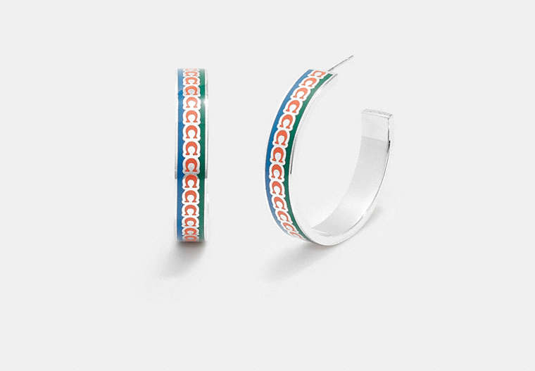 COACH®,LARGE SIGNATURE ENAMEL HOOP EARRINGS,Plated Brass,Silver/Blue Multi,Front View
