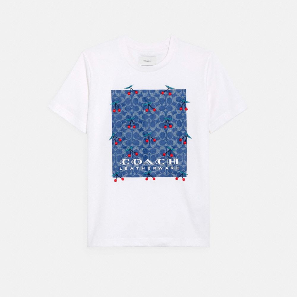 COACH®,SIGNATURE CHERRY T-SHIRT IN ORGANIC COTTON,cotton,White,Front View