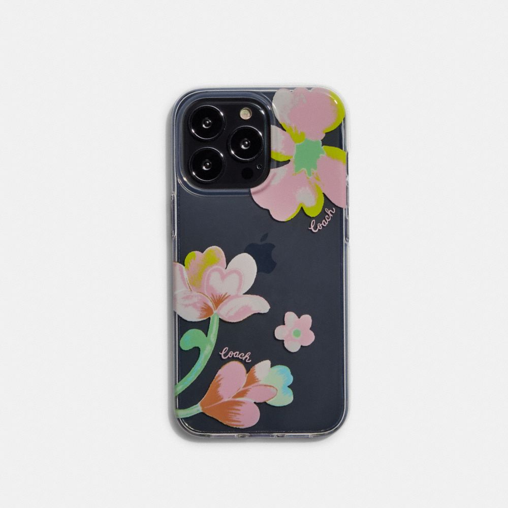 COACH®,IPHONE 13 PRO CASE WITH DREAMY LAND FLORAL PRINT,Clear/Pink,Front View