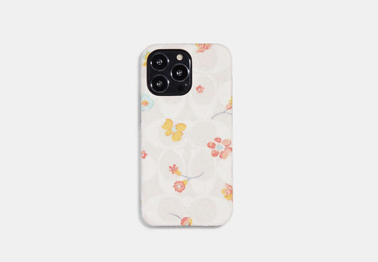 COACH®,IPHONE 13 PRO CASE IN SIGNATURE CANVAS WITH MYSTICAL FLORAL PRINT,Signature Coated Canvas,Chalk Multi,Front View