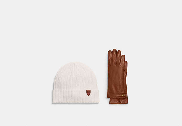 COACH®,Cashmere Knit Beanie & Horse And Carriage Leather Tech Gloves,