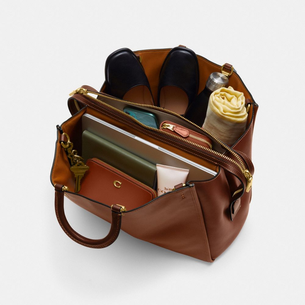 COACH®,Rogue Bag 39 In Colorblock,Leather,Satchel,Logo,Metal,Gusset,Work,Brown,Inside View, Top View