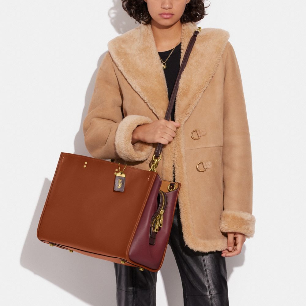 COACH®,Rogue Bag 39 In Colorblock,Leather,Satchel,Logo,Metal,Gusset,Work,Brown,Detail View