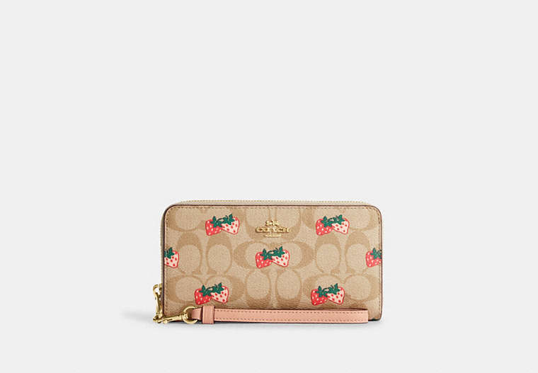 COACH®,LONG ZIP AROUND WALLET IN SIGNATURE CANVAS WITH STRAWBERRY PRINT,Mini,Gold/Light Khaki Multi,Front View