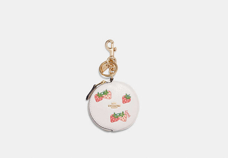 COACH®,CIRCULAR COIN POUCH WITH STRAWBERRY PRINT,Gold/Chalk Multi,Front View