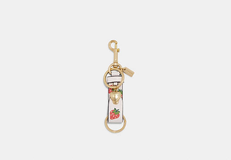 COACH®,TRIGGER SNAP BAG CHARM WITH STRAWBERRY PRINT,Gold/Chalk Multi,Front View