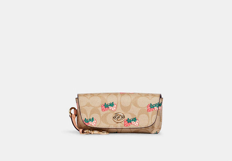 COACH®,SUNGLASS CASE IN SIGNATURE CANVAS WITH STRAWBERRY PRINT,Gold/Light Khaki Multi,Front View