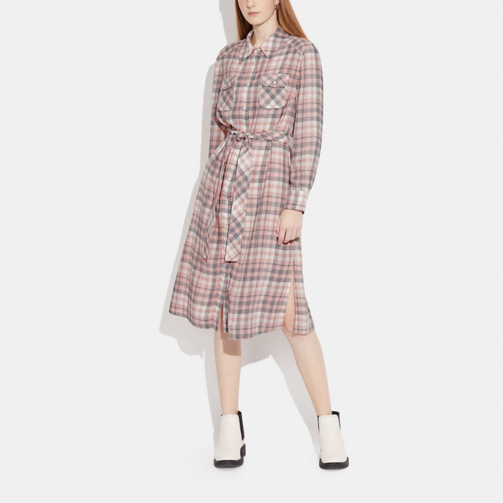 COACH®,プラッド ロング スリーブ ボタン ダウン ドレス,トップス&ワンピース,ﾋﾟﾝｸ ﾏﾙﾁ