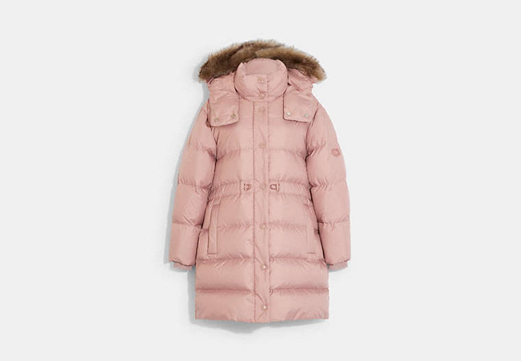 COACH®,Mid Down Puffer with Shearling,Rose,Front View image number 0