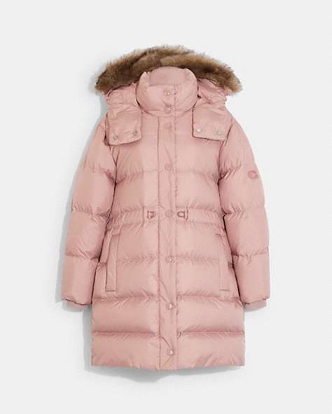 COACH®,Mid Down Puffer with Shearling,Rose,Front View